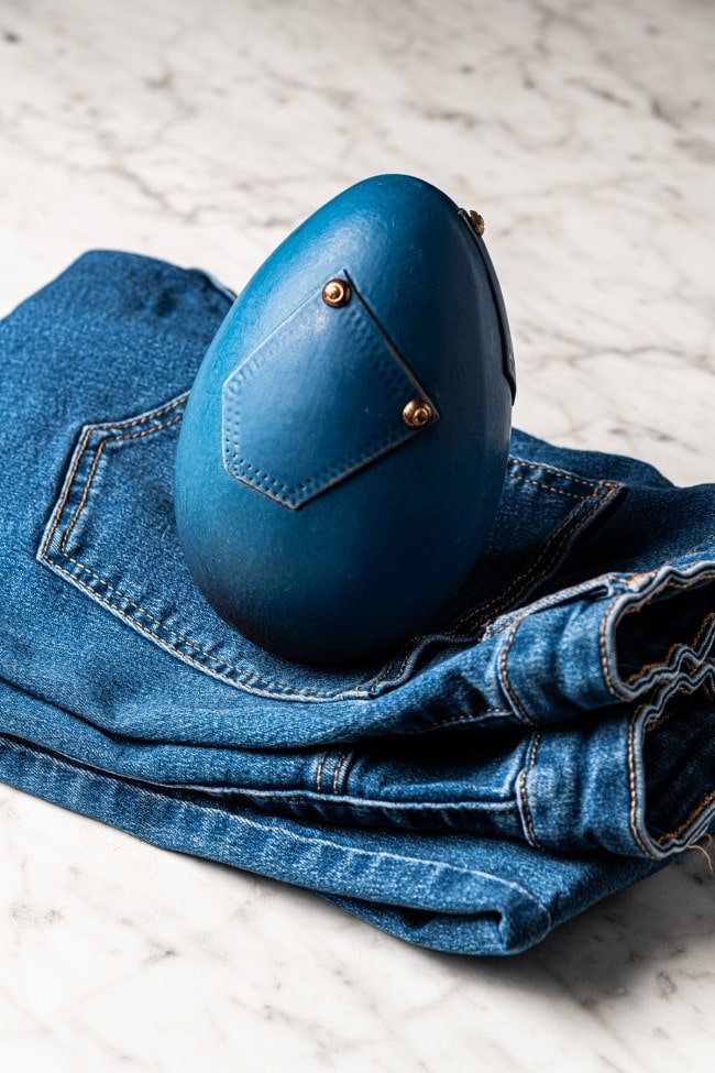 Denim Easter Egg on top of Denim jeans by Dalloyau