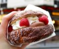 Melon bread burger with chocolate and raspberry filling.
