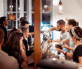 People queueing up at the bar